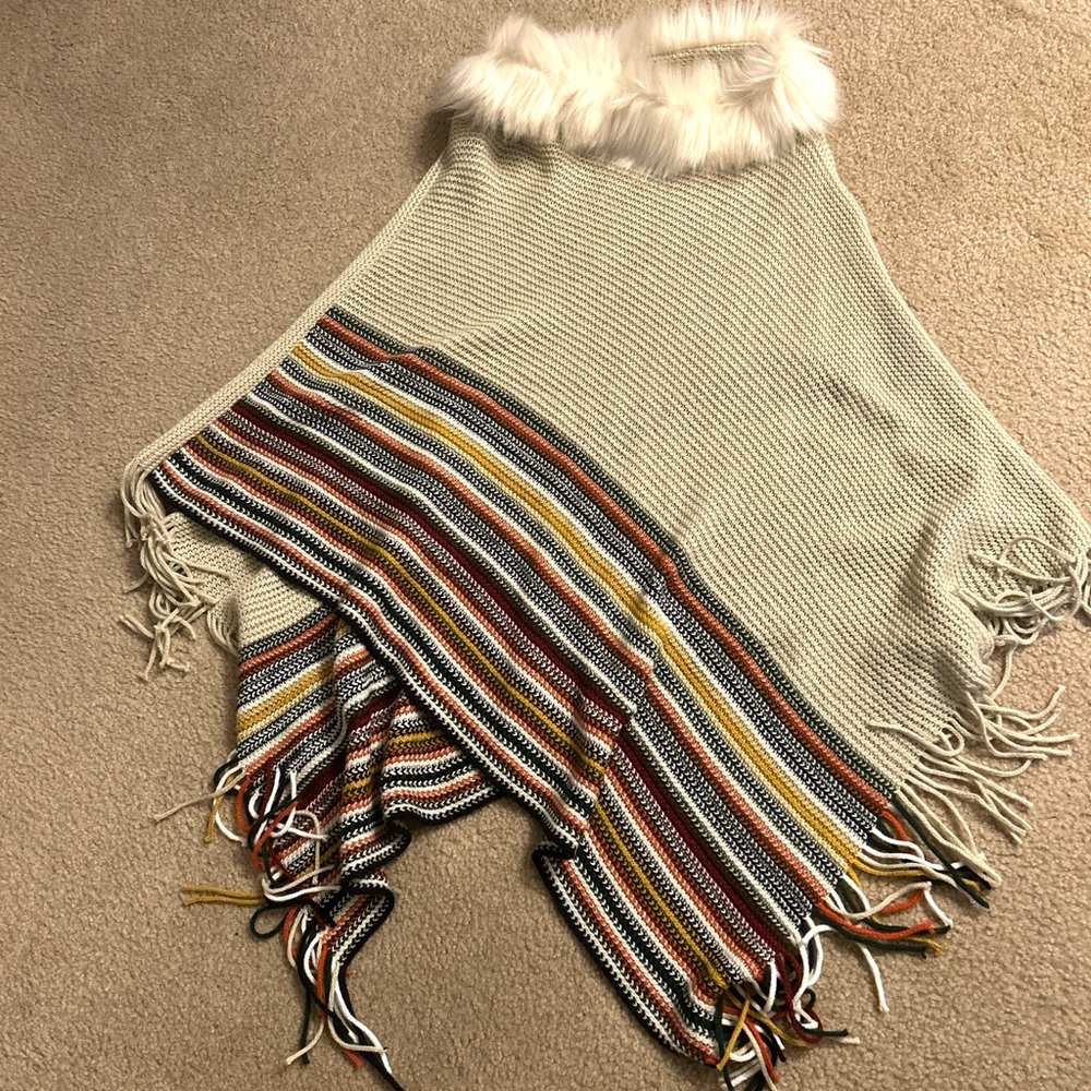 Faux Fur Trim Knit Poncho with Striped Detail - Picture 5 of 8